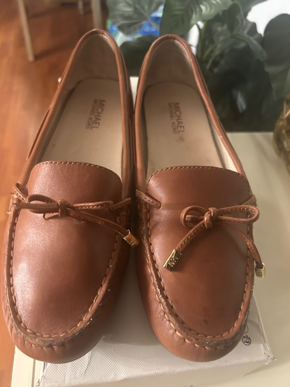 Michael Kors Tan Leather Moccasin Loafers with Bow Accents